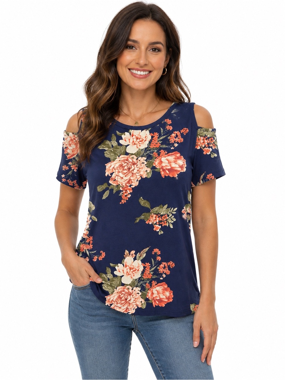 Wishful Park Navy Cold-Shoulder Floral Tee